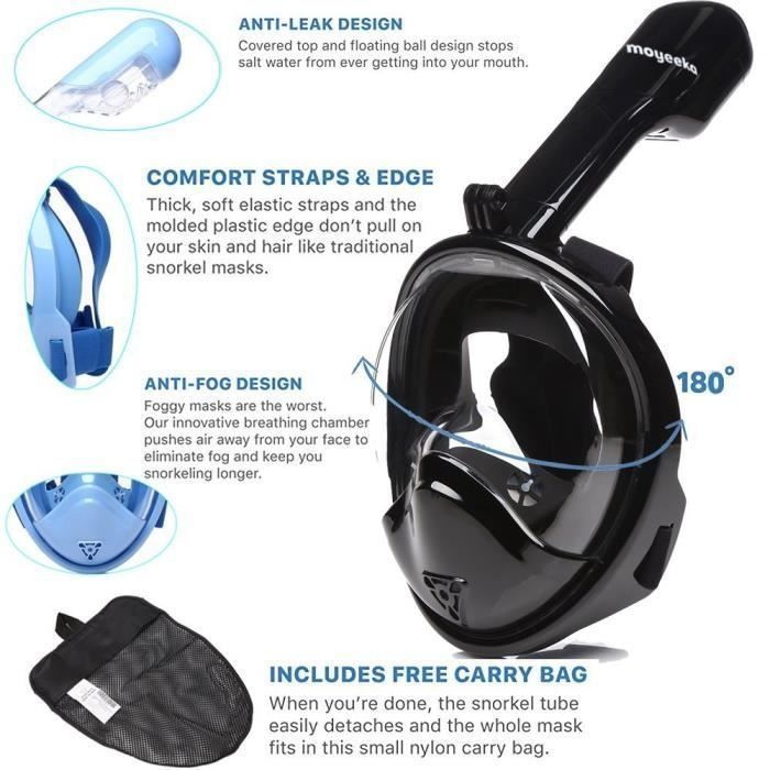 Masque anti-brouillard de Snorkeling, Masque et tuba Plein Visage 180° Visible (L/XL), + gopro (grande remise!)