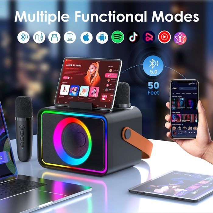 Máquina de karaoke con 2 micrófonos para adultos y niños, altavoz de karaoke Bluetooth portátil para adultos y niños.