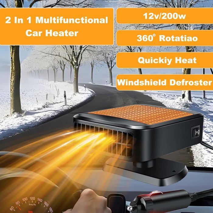 Chauffage voiture portable 12V 200W. Dégivreur pare-brise rotatif 360° allume-cigare. SUV/camping-car. .