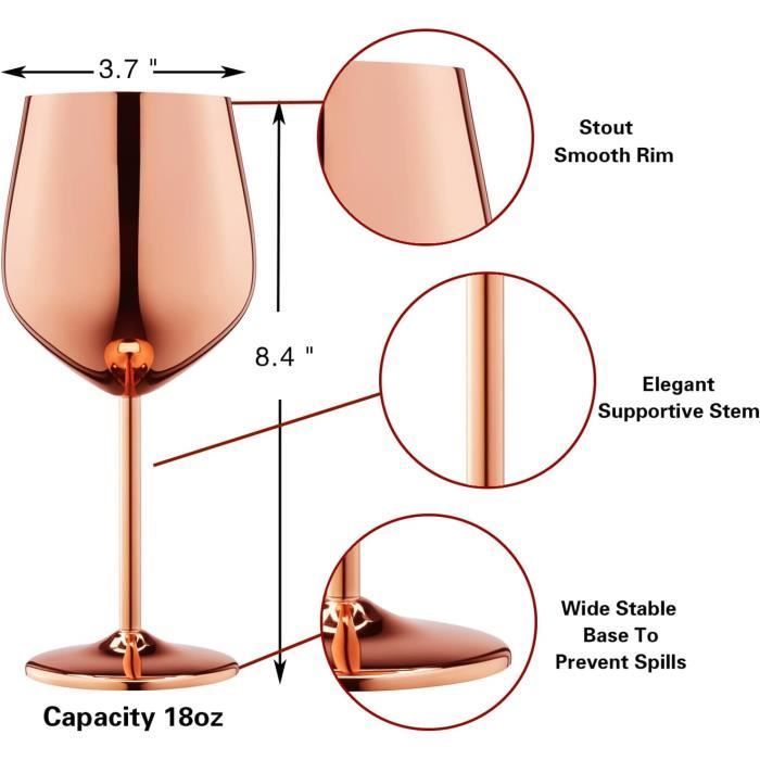 Copas de vino - NETBOAT - Juego de 4 - Acero inoxidable 304 - 540 ml - Oro rosa irrompible