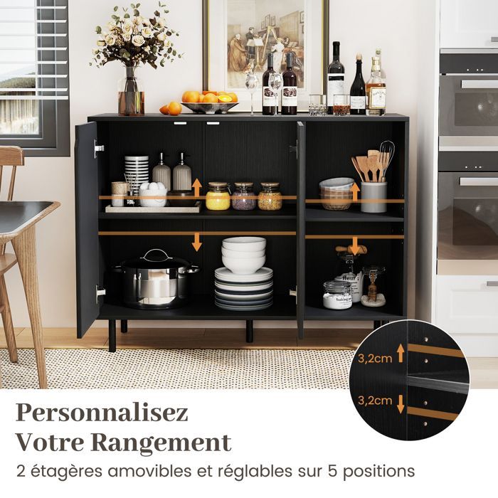 Buffet de Cuisine 106cm COSTWAY, 2 Portes, Etagères Réglables, Kit Anti-basculement, Meuble de Bar à Café pour Salle à Manger, Noir