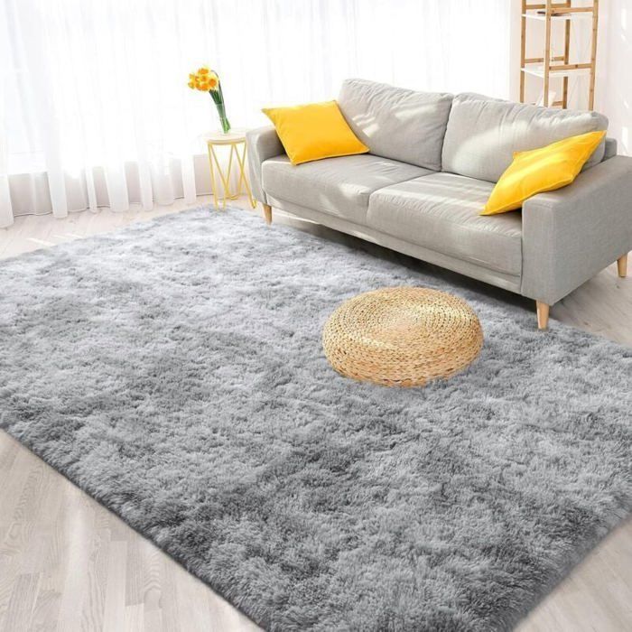 Tapis de salon shaggy - PZCC - 200x300 cm - Gris - Antidérapant - Poils longs - Moelleux - Lavable - Moderne