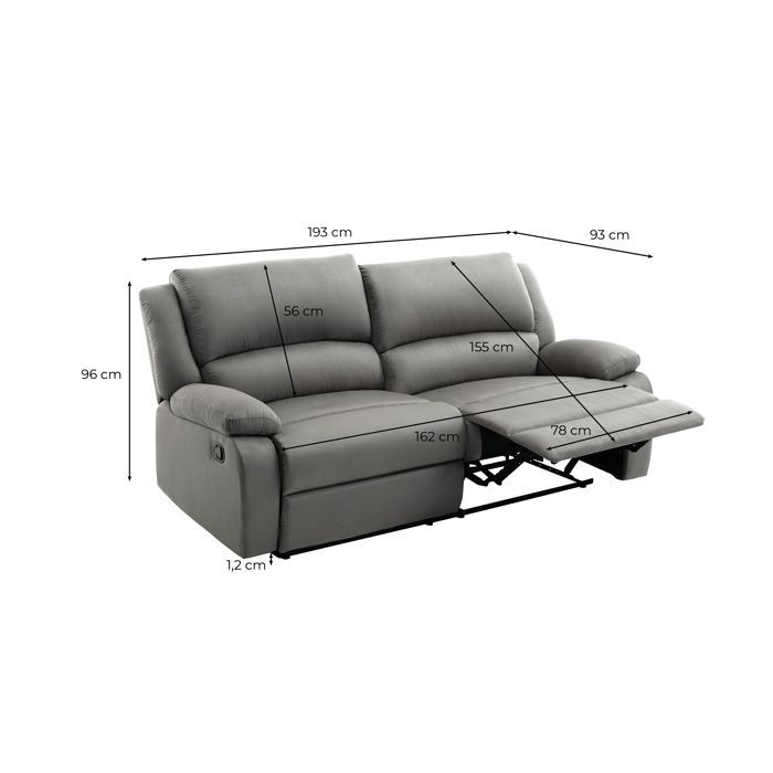 LEO 3-seater manual reclining sofa with 2 extra-large seats in microfiber - Grey - W193 x D93 x H96cm - LOUNGITUDE