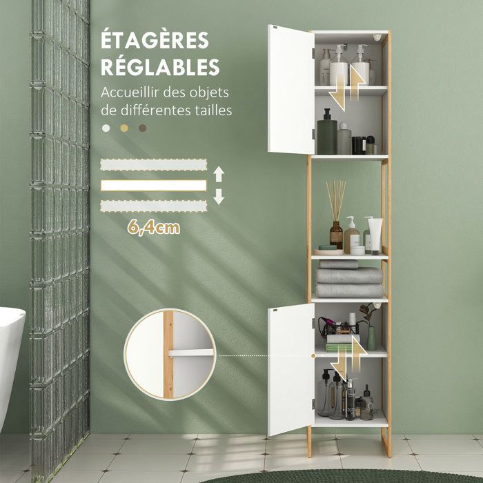 Mueble columna de baño HOMCOM con 2 nichos y 2 armarios, estante de bambú ajustable, 33 cm de ancho x 33 cm de profundidad x 170 cm de alto, blanco.