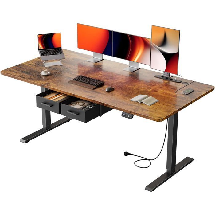 HLONONE Bureau Électrique Debout et Assis, 160 x 80 cm, avec Prise de Courant Intégrée, 2 Tiroirs Amovibles, Port USB-C, Marron