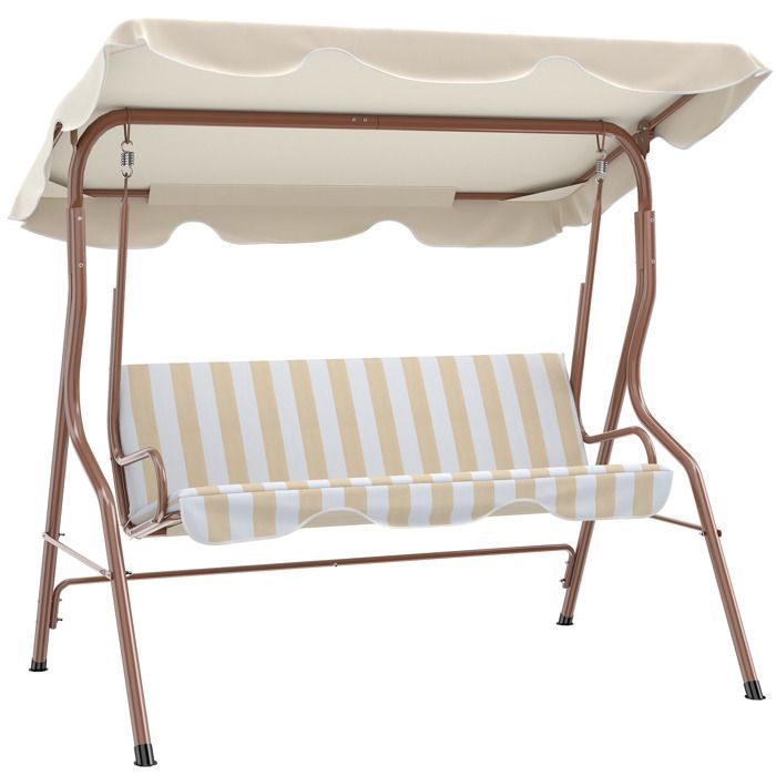 Columpio de jardín Outsunny - 3 plazas - Toldo impermeable - Inclinación ajustable - Cojines para asiento y respaldo - Rayas marrones y crema