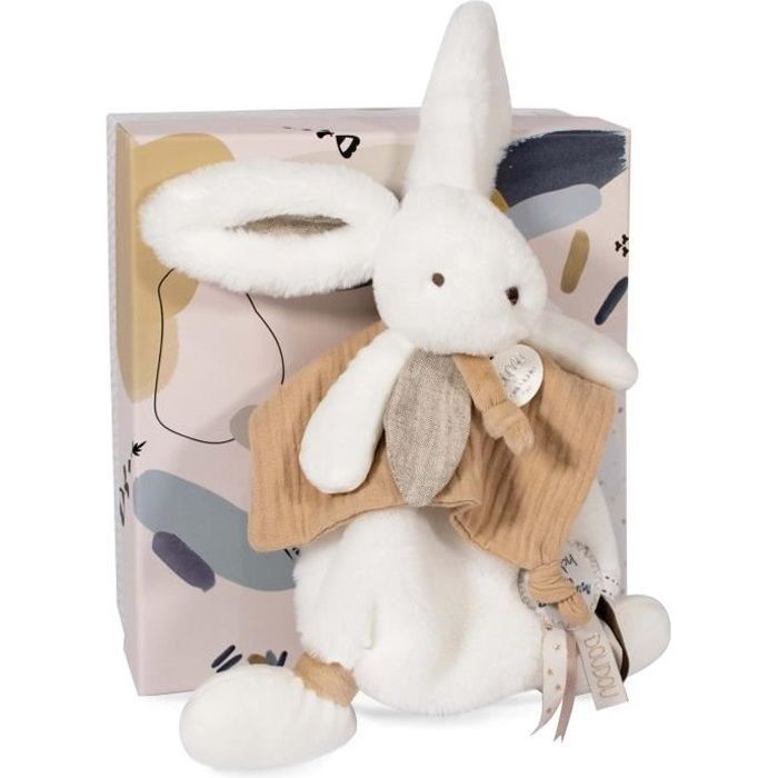 Doudou et Compagnie - Bunny Comforter - 25 cm - White/Sand - Natural Pompom Bunny - Gift Idea - Happy Wild - Happy Doudou To You