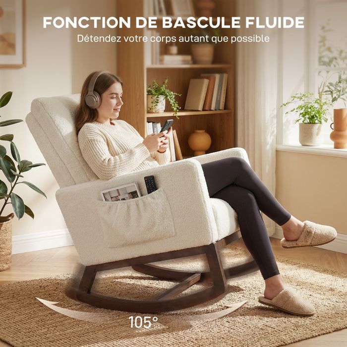 Fauteuil à bascule - HOMCOM - coussin lombaire, dossier haut, poches latérales - flanelle neige - 67 x 97 x 110 cm - crème