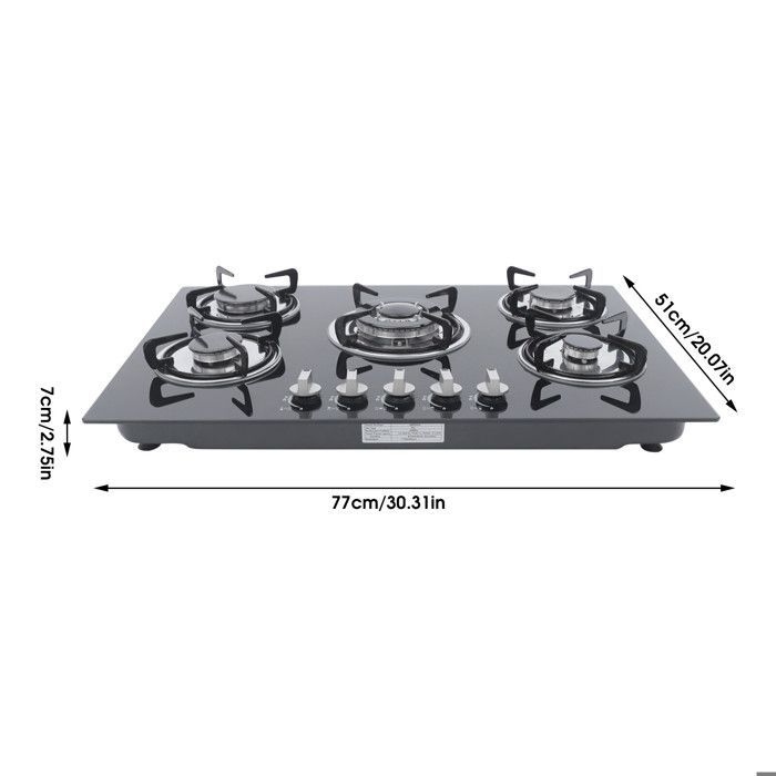 Cocina de gas empotrable con 5 quemadores - Placa de gas natural - Cocina de gas natural - Superficie de vidrio templado - 5 quemadores