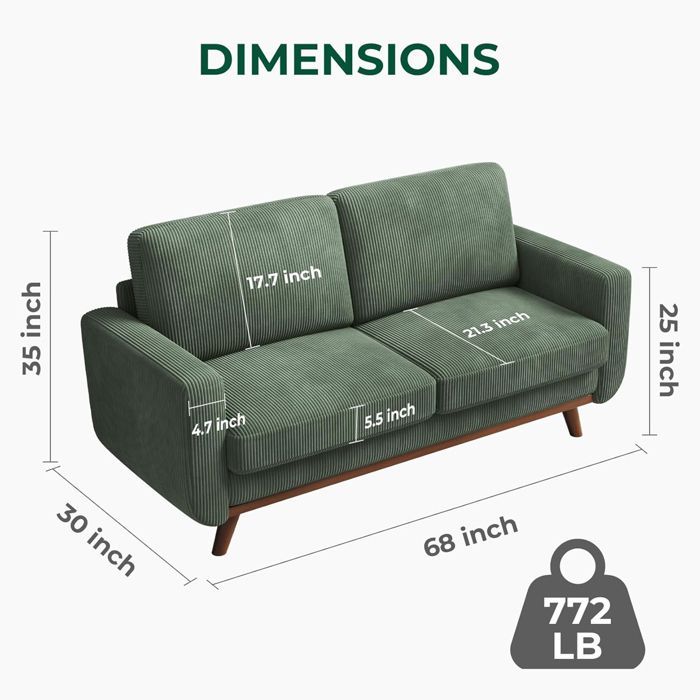 Canapé 2 Places en Velours Côtelé,172cm Canapé Fixe ,Style Scandinave Moderne pour Salon,Appartement,Petit Espace 172x76x88cm Vert