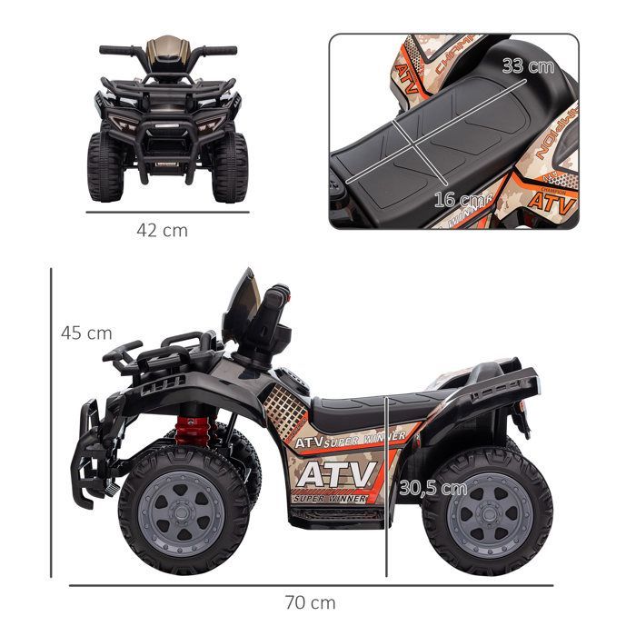 HOMCOM Mini Quad Électrique pour Enfants, 18-36 Mois, Métal et PP, Noir 70 x 42 x 45 cm