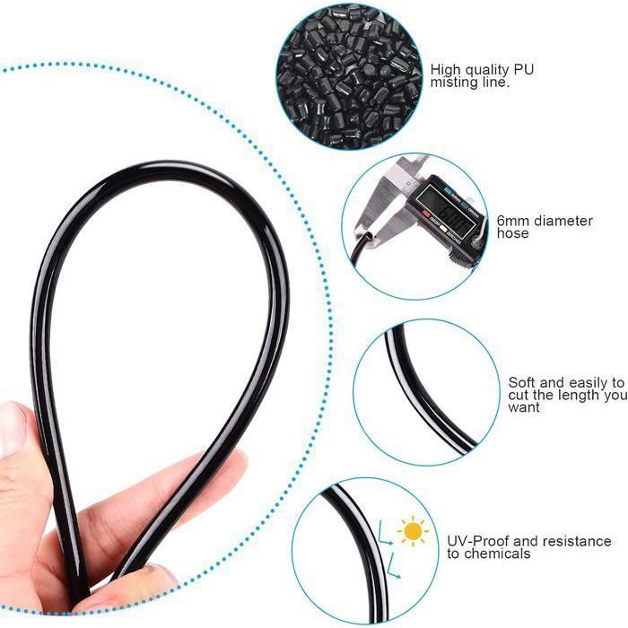 Kit di irrigazione a nebulizzazione per esterni da 20 m con 23 ugelli nebulizzatori con raccordi a T e sistema di raffreddamento. Etichetta