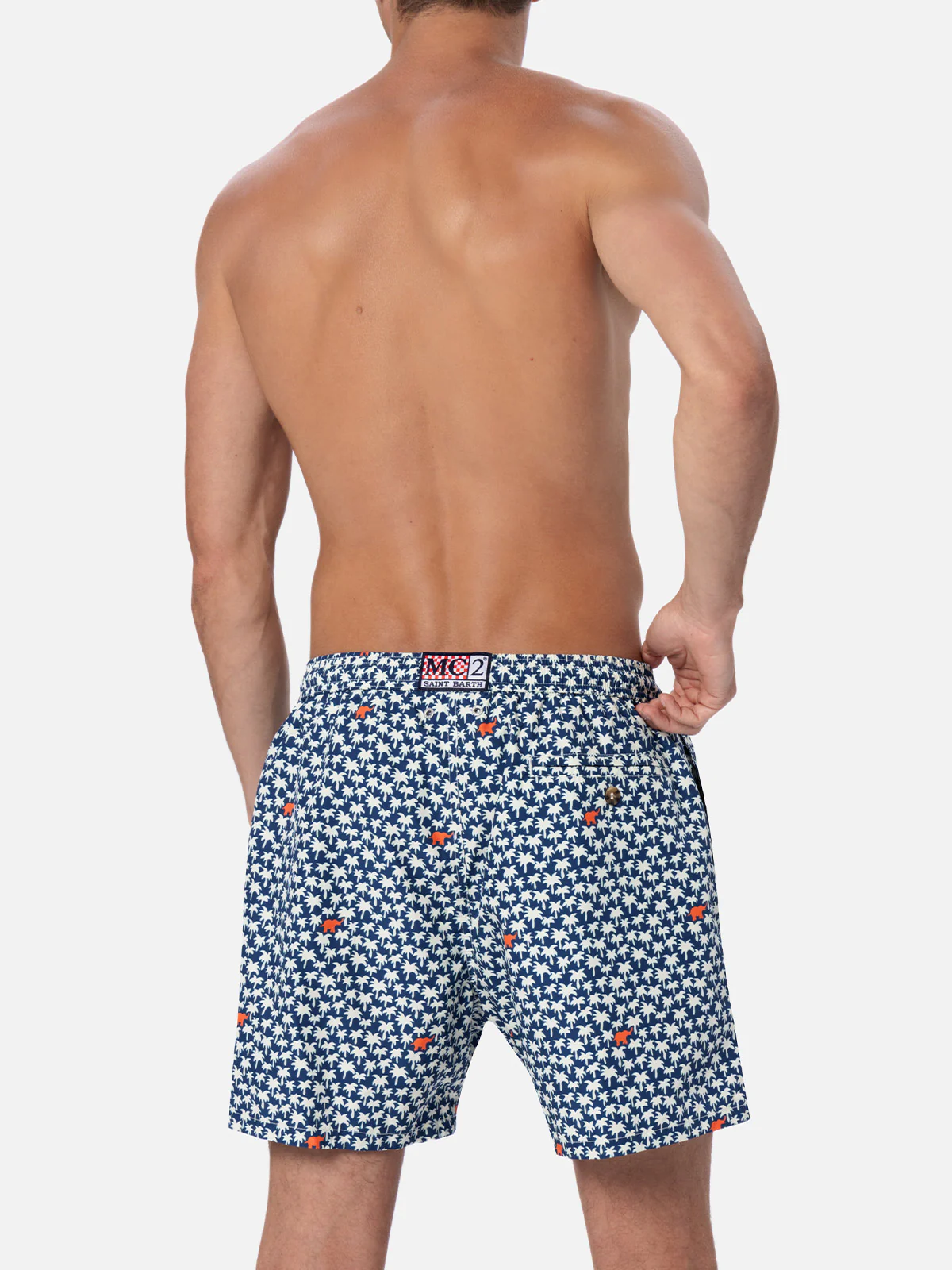 Man Lighting 70 Mid-Length Swim Shorts | Palms All-Over Print | Blue Backcloth | 100% Recycled Polyester | Adjustable Drawcord | MC2 Saint Barth