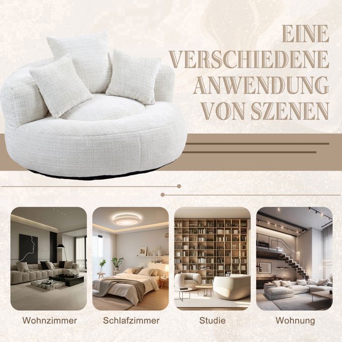 Pouf poire 2 places en chenille Beige 108×108×52 cm avec 3 coussins — canapé lazy pour salon et chambre