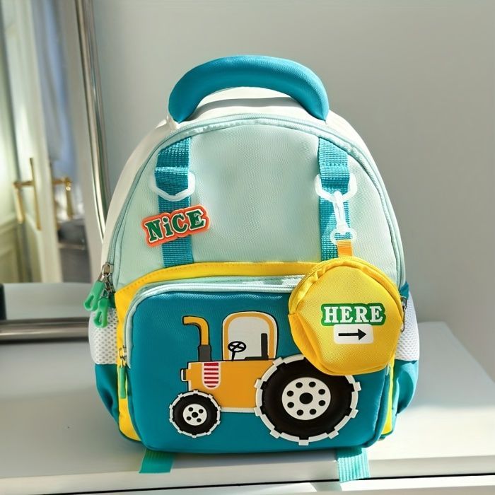 Mochila escolar infantil con diseño de dibujos animados - Verde y amarillo - Para niños de preescolar a 2.º a 6.º grado - Tejido fácil de limpiar - Mochila plegable