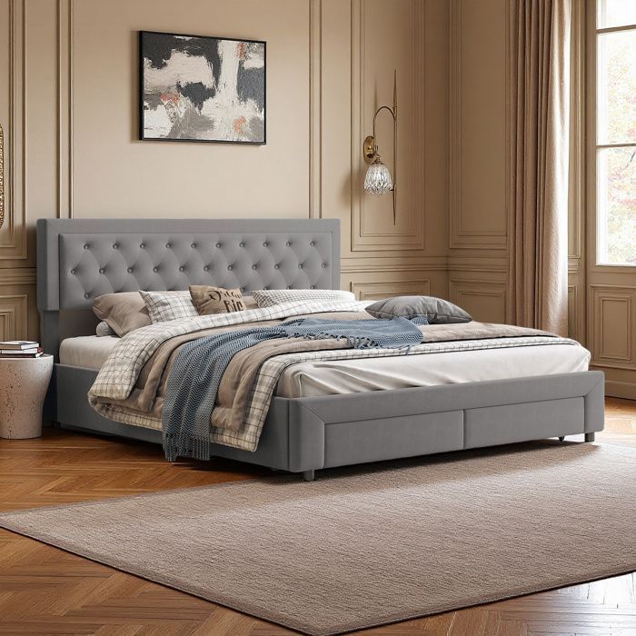 Lit 180x200 cm - COZY - tissu en velours - sommier - hydraulique - cadre de lit adulte 180x200 cm - gris