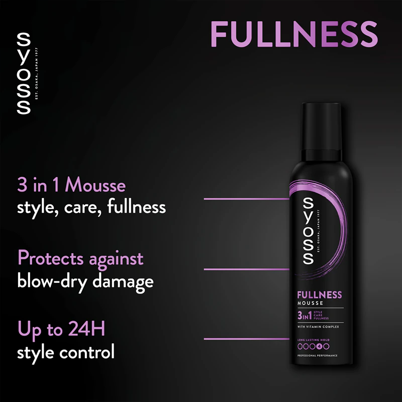Mousse para cabelo Syoss Fullness com fixação muito forte.