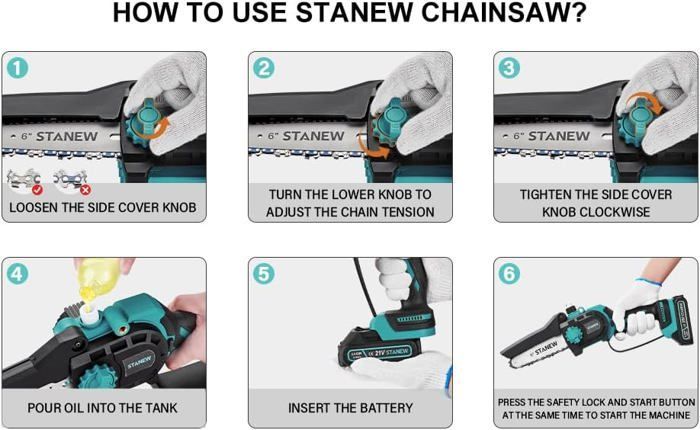 STANEW 6 ou 8 pouces brushless 600W Mini tronçonneuse à batterie, 2 Batteries 2Ah moteur sans balais