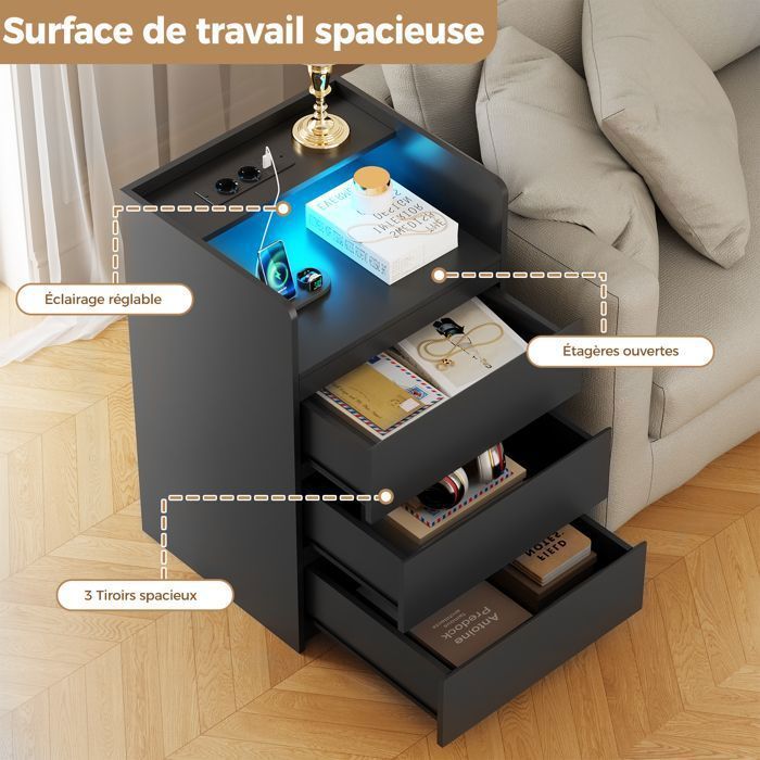 Lot de 2 Table de Chevet 40×35×68cm, 3 Tiroirs, 2 USB Ports et 2 Prises, LED Réglable, Moderne, Scandinave, Noir