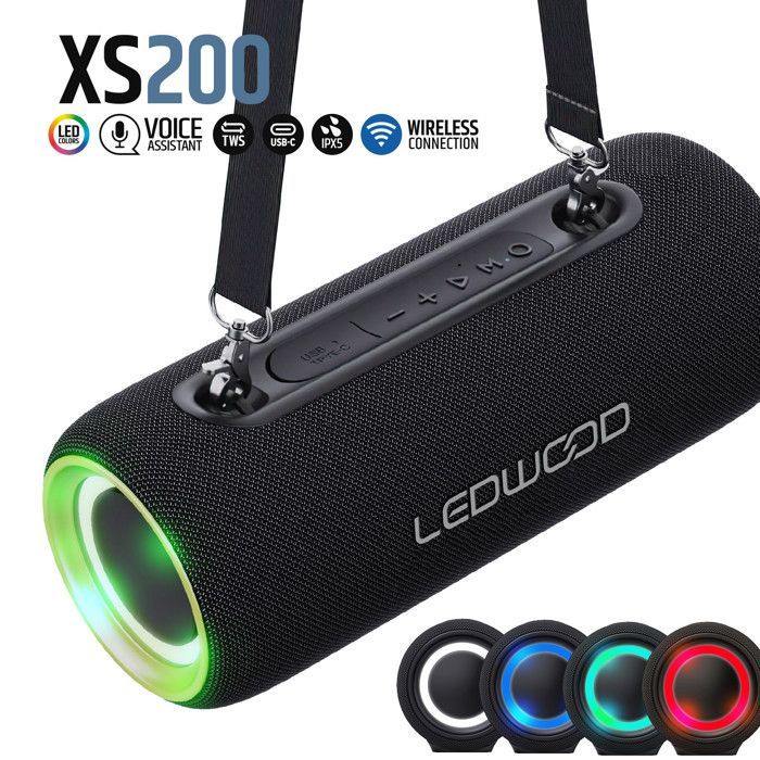 Enceinte Hifi Autonome 200W Ledwood XS200, Effet LED, Buetooth,FM, IPX5, Assistant Vocal, 20W RMS, 2000mAh+Clé 32G