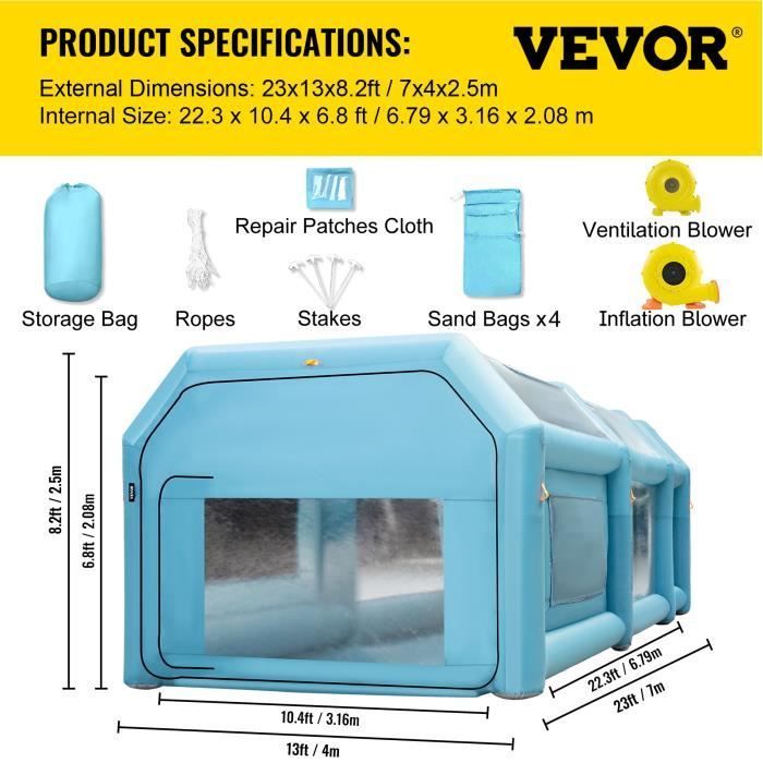VEVOR puhallettava suihkuteltta autolle - 7x4x2,5 m - suodatusjärjestelmä kahdella puhaltimella - Oxford ja PVC - autotalli
