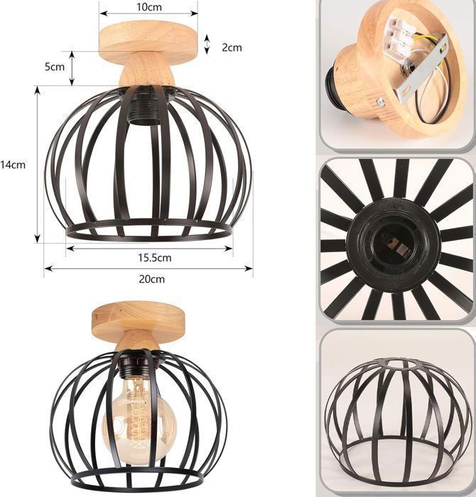 iDEGU Luminaire Plafonnier Industriel E27 Lampe de Plafond en Bois Métal Design Cage 20cm Vintage Lustre Rétro pour Chambre Salon