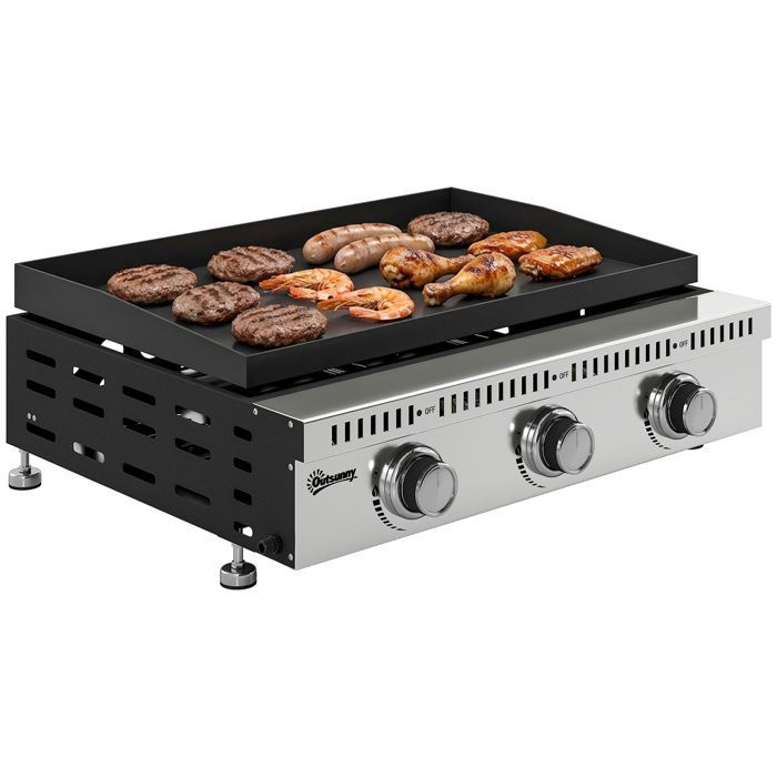 Plancha gaz - Outsunny - 3 brûleurs en acier inoxydable 9kW - surface cuisson 56,5 x 33 cm - noir
