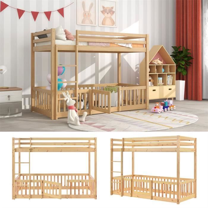 Litera DRIPEX de 200x90cm con escalera en ángulo recto, cama infantil con barandillas de seguridad y puertas pequeñas, color natural.