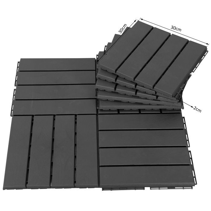 Baldosas para terraza Outsunny - juego de 9 baldosas de plástico negro con efecto madera, encajables - 30x30cm - negro