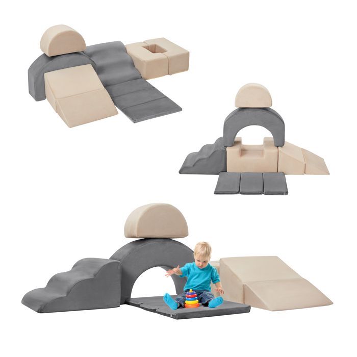 7 bloques de construcción/escalada de espuma para niños, juego de interior suave + tobogán, rampa y escaleras, gris y beige.