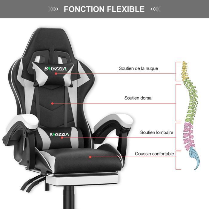 Sedia da ufficio gaming con poggiapiedi ergonomico, girevole a 90°, cuscino lombare e poggiatesta, regolabile in altezza.