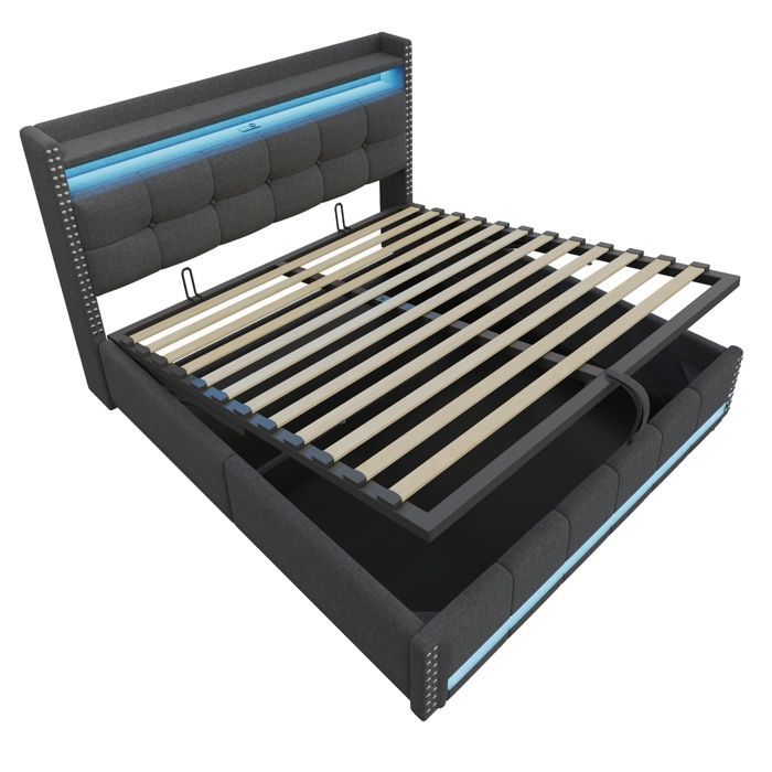Cama tapizada de 180 x 200 cm. Cama doble con espacio de almacenamiento, iluminación LED y puerto USB, cabecero con estantes y sistema hidráulico. Color gris.