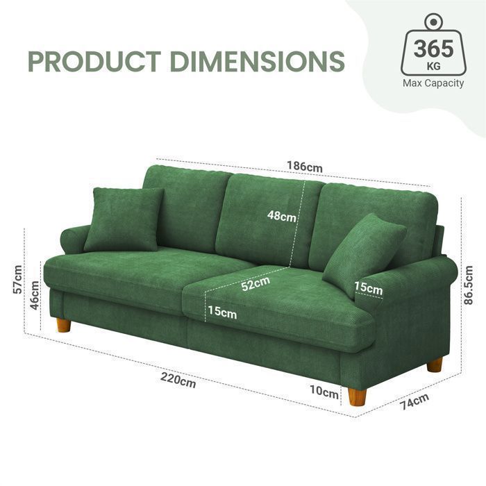 Großes 3-Sitzer-Sofa aus grünem Chenille mit Armlehnen, Kissen und Polstern, Sofa im skandinavischen Stil für das Wohnzimmer, 220 × 74 × 86 cm