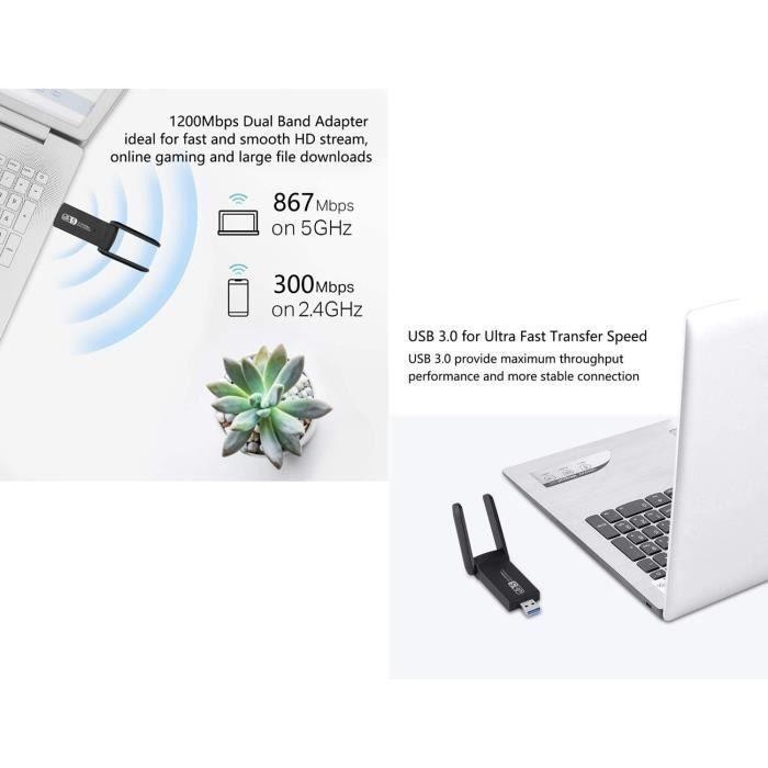 DORARA USB 3.0 WiFi Adapter - Dual Band 2.4G/300Mbps + 5.8G/867Mbps - 5dBi Antenna - Black