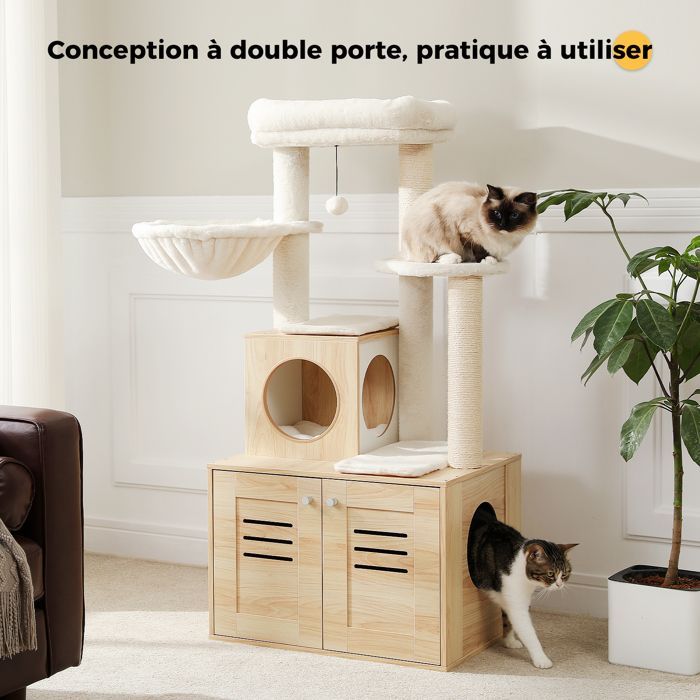 PAWZ Road Arbre à Chat en Bois Solide Stable,Grand Plateforme Niche,Coussin Amovible,Grand Hamac Suspendu,127cm,Beige