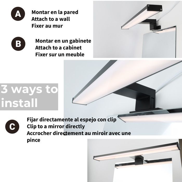 Applique mural LED 12W 50 cm IP44 pour salle de bain, miroir et meuble,slim, en aluminium noir mat avec lumière blanche neutre