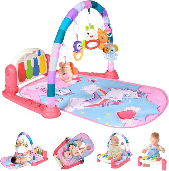 Alfombra de juegos para bebés, alfombra de actividades y juegos para recién nacidos con música y luces, arcos de juego y 5 juguetes extraíbles.