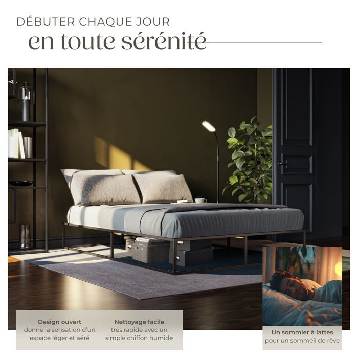 Lit - TECTAKE -  Cadre de lit en acier KYOTO avec sommier à lattes en bois de peuplier - 200 x 140 x 25,5 cm