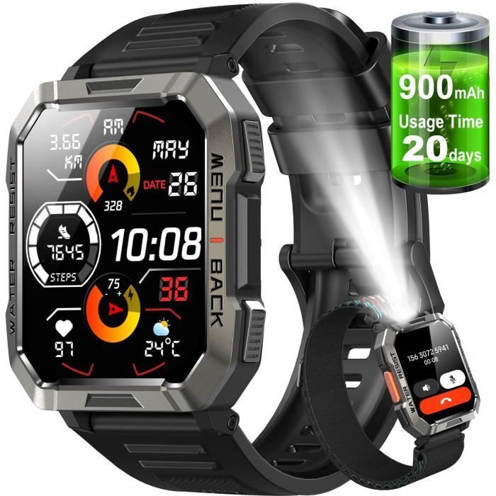 Blackview Montre Connectée Homme avec Appels Bluetooth,Lampe de poche d'urgence,Boussole,Batterie 900 mAh,Écran HD 2.01