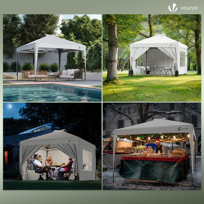 Cenador de jardín plegable VOUNOT® de 3x3 m con puertas y ventanas - Impermeable y resistente a los rayos UV - Blanco