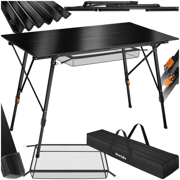 Mesa de camping - TECTAKE - Mesa plegable BASTIAN de aluminio resistente a la intemperie, altura regulable, 120x70,5x58-79cm - Negra