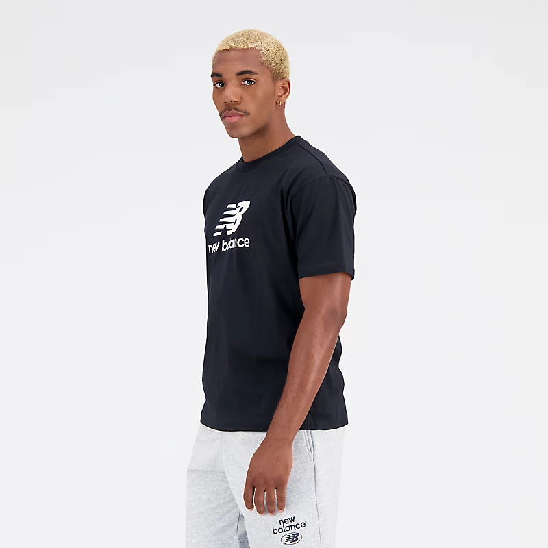 Tricou bărbătesc Essentials Stacked Logo din bumbac cu mânecă scurtă - NEGRU