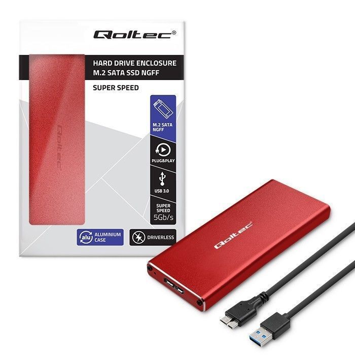 Disco rígido SSD externo - Qoltec - 51831 - 2 TB - USB 3.0 - Vermelho - Super Velocidade 5 Gb/s