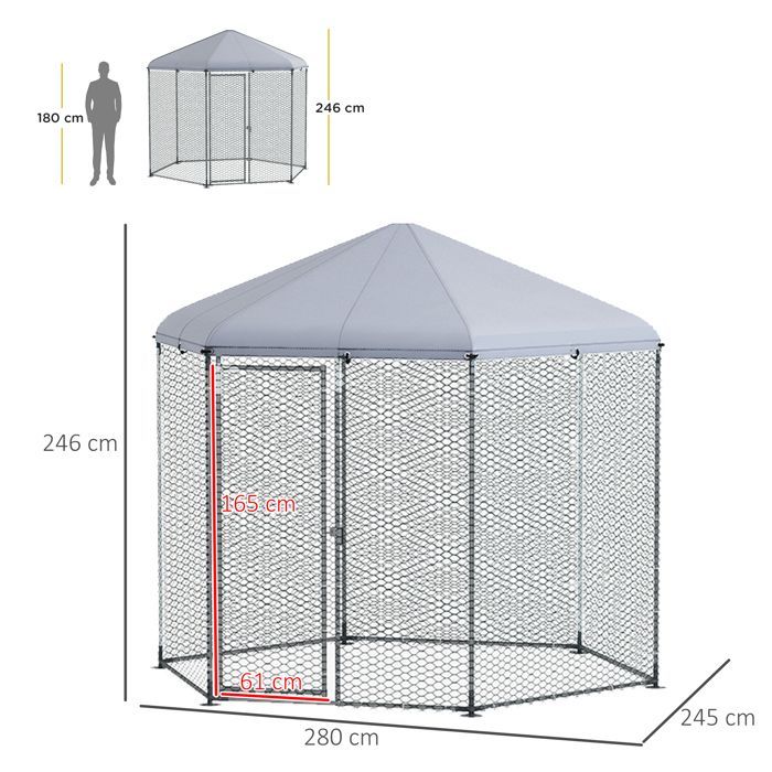 Recinto per pollaio - PawHut - voliera/canile esagonale 5 m² in rete metallica zincata - acciaio - 5-8 polli - argento