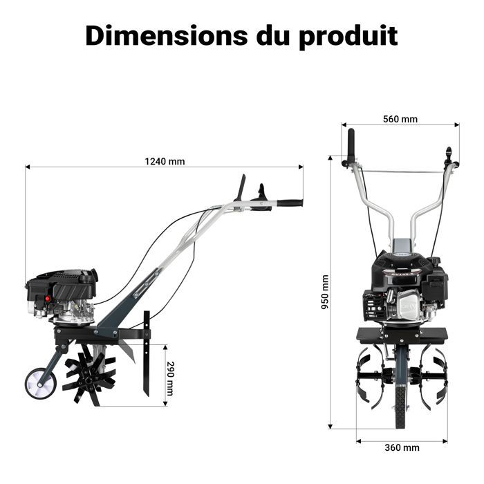 Wiltec Motobineuse 36 cm 2,5 KW 4 Fraises Lames Réservoir 0,8L Profondeur 25 cm Motoculteur Essence Moteur OHV Aérateur Scarificateu
