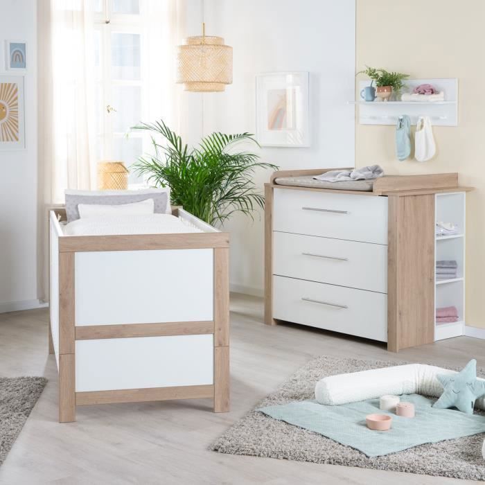 Conjunto de dormitorio ROBA Baby Duo - Malo - Cuna convertible de 70x140 cm + cambiador con mesa cambiador extraíble - Blanco - Acabado en roble