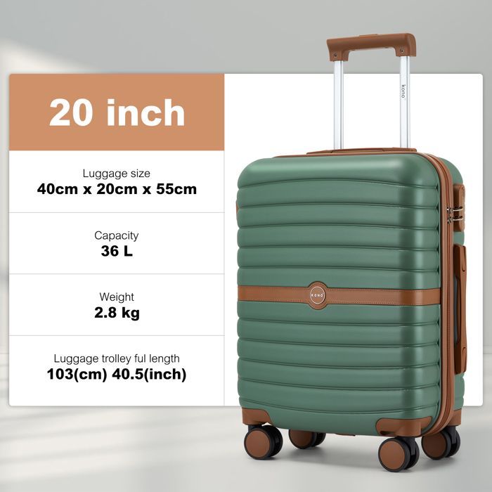 Maleta de cabina Kono, tamaño 55x40x20cm, carcasa rígida de ABS+PC, maleta de viaje pequeña con 4 ruedas y cerradura, carrito de viaje, 36L, verde