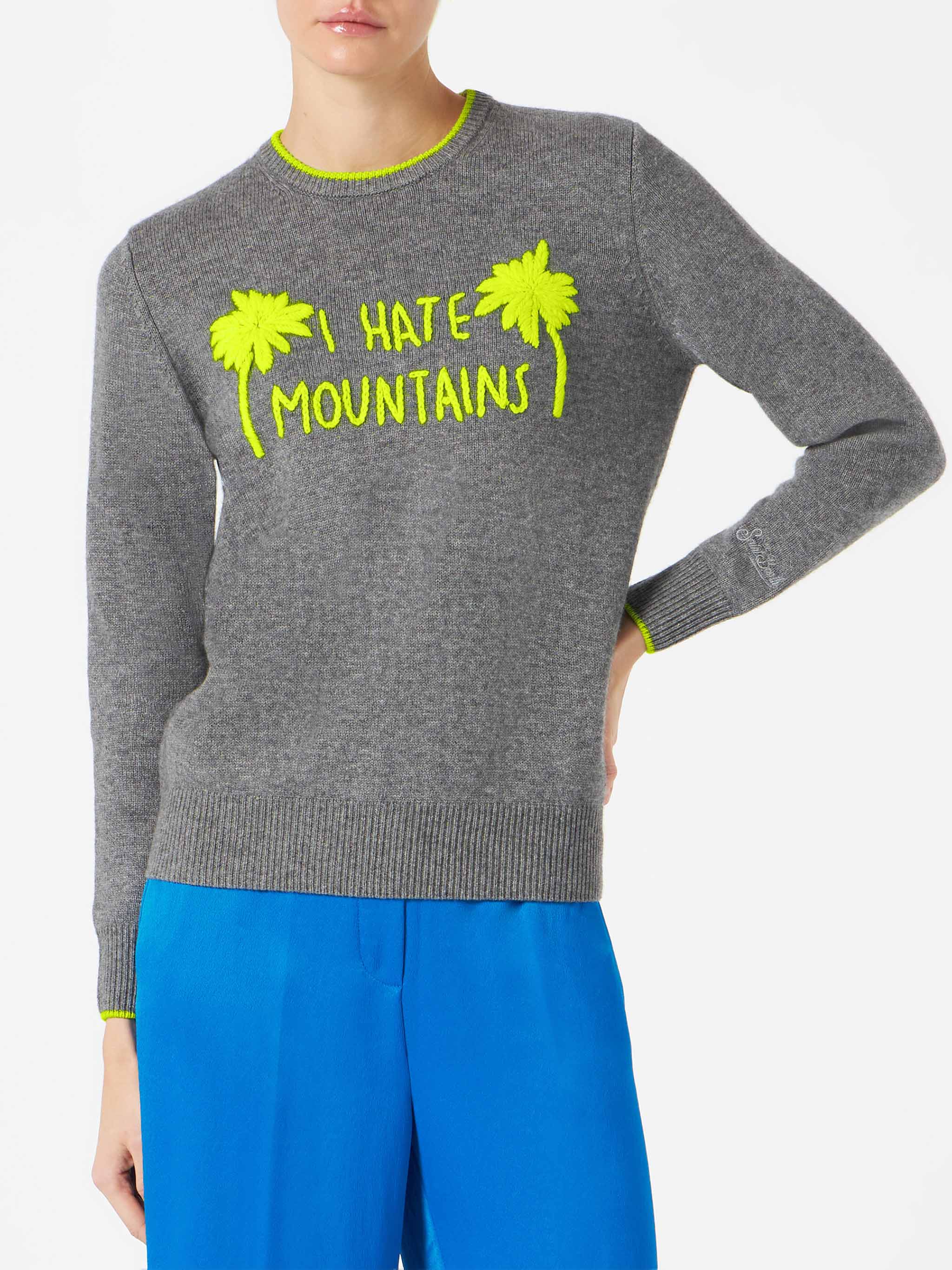 Maglione da donna grigio ricamo I hate mountains giallo fluo