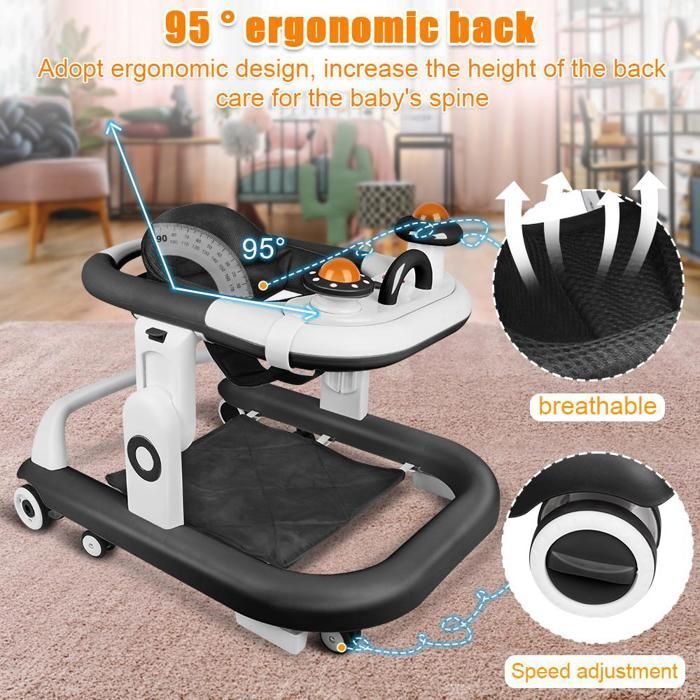 Trotteur Bébé 5 en 1 -MIPAN- Trotteur Pliable pour bébé - Centre d'activités Enfants avec Roues muettes Anti-Renversement-Noir