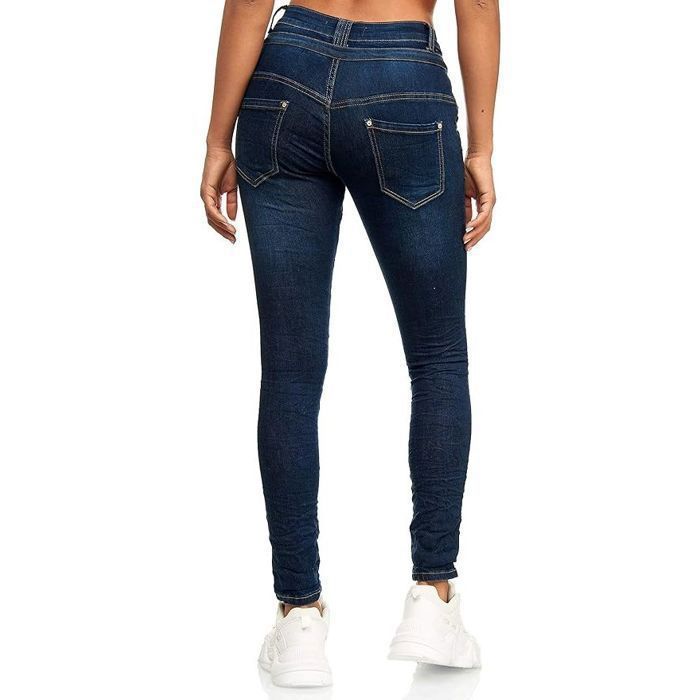 Jean Femme Slim Fit Boyfriend Coupe Ajustée avec Fermeture Boutons en Coton Élastique Bleu Foncé 48 4XL Pantalon Denim Tendance